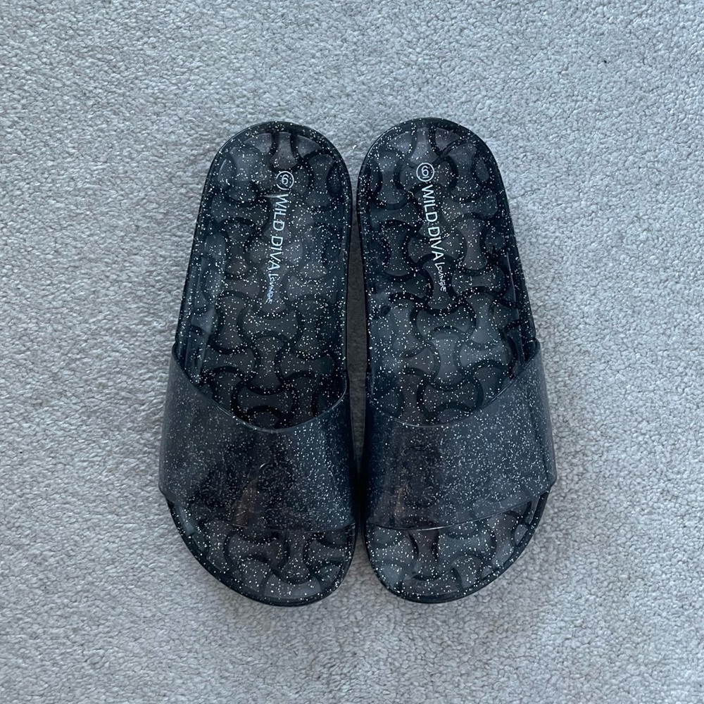 Wild Diva Black Sparkle Jelly Slides Sandals - Size 6